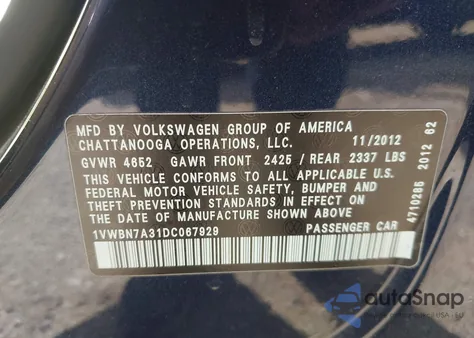 2013 Volkswagen Passat 2.0L Tdi Se из США, поврежденный, VIN 1VWBN7A31DC067929